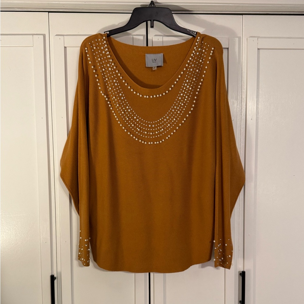 LIV Mustard Stud-Embellished Scoop Neck Knit Top